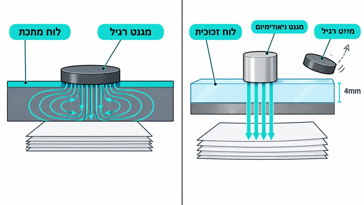 עוצמת מגנטיות בלוח מחיק - כוח אחיזה בלוח זכוכית מול לוח מתכת מצופה